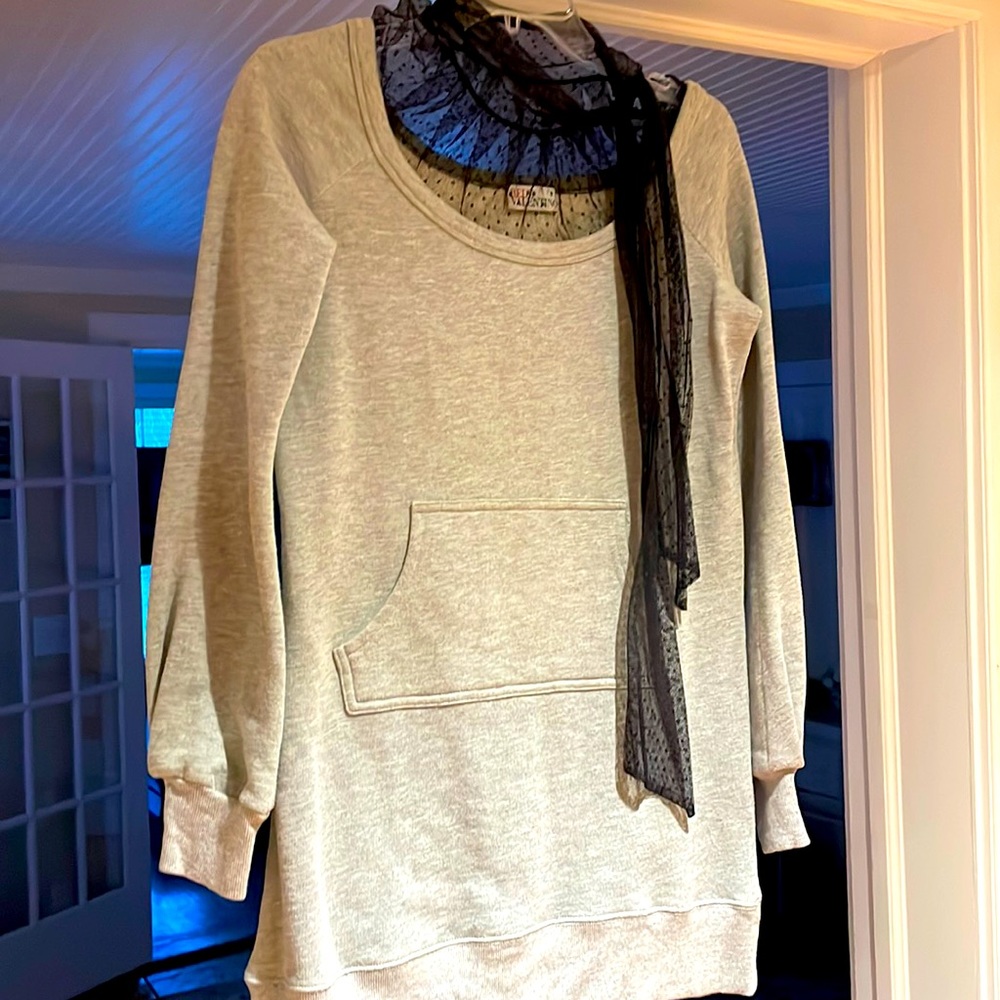 Vintage Red Valentino long length grey sweatshirt lace tie at neck. Size 4.